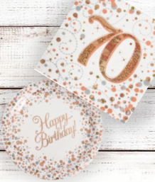 Rose Gold Confetti 70th Birthday Party Supplies and Ideas